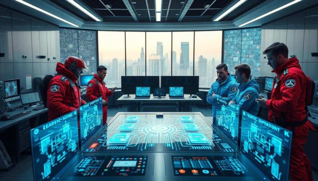A brightly lit, wide-angle cybersecurity operations center. In the foreground, two teams - one in red and one in blue - stand side by side, examining holographic displays depicting a complex network infrastructure. The red team members wear tactical gear and appear vigilant, while the blue team members have a more analytical demeanor. In the middle ground, a large central table hosts an array of cutting-edge monitoring equipment and data visualization tools. The background is filled with banks of monitors, servers, and a panoramic window overlooking a futuristic cityscape. The atmosphere is one of collaborative intensity, as the two teams work in sync to defend against a looming cyber threat.