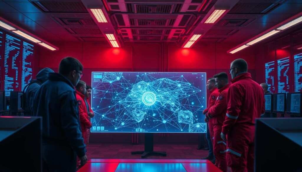 A bustling cybersecurity command center, where red-clad hackers collaborate with their blue-uniformed counterparts. In the foreground, a large holographic display shows intricate network topology, pulsing with real-time data. The red team studies the screen intently, while the blue team members gather around, exchanging insights and strategies. The atmosphere is one of intense focus, yet tinged with a sense of camaraderie as they work together to safeguard the digital landscape. Warm lighting from overhead fixtures casts a glow across the scene, while sleek, state-of-the-art workstations line the periphery. The image conveys the synergy between offense and defense, a united front against the ever-evolving cyber threats. A bustling cybersecurity command center, where red-clad hackers collaborate with their blue-uniformed counterparts. In the foreground, a large holographic display shows intricate network topology, pulsing with real-time data. The red team studies the screen intently, while the blue team members gather around, exchanging insights and strategies. The atmosphere is one of intense focus, yet tinged with a sense of camaraderie as they work together to safeguard the digital landscape. Warm lighting from overhead fixtures casts a glow across the scene, while sleek, state-of-the-art workstations line the periphery. The image conveys the synergy between offense and defense, a united front against the ever-evolving cyber threats.