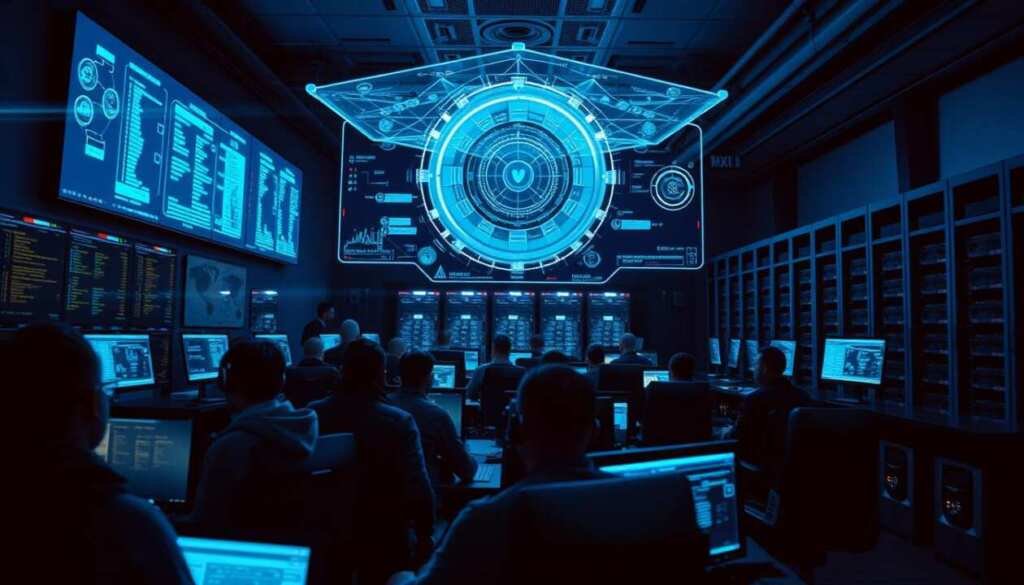 A bustling cybersecurity operations center, bathed in a cool blue glow. In the foreground, a team of analysts intently monitoring a bank of screens, their expressions focused as they scrutinize network traffic and security alerts. In the middle ground, a large holographic display projects a real-time visualization of the organization's cyber defenses, with intricate data visualizations and threat indicators. The background is a dimly lit room, with banks of powerful servers humming softly, the backbone of the blue team's defensive infrastructure. The scene conveys a sense of vigilance, control, and technical mastery, as the blue team works tirelessly to protect the organization from cyber threats.