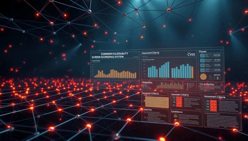 A complex network of interconnected nodes and lines, representing the Common Vulnerability Scoring System (CVSS). The foreground features a sleek, metallic grid structure, with each node glowing with a vibrant, neon-like intensity. The middle ground showcases intricate data visualizations, displaying numerical scores, risk levels, and assessment criteria in a clean, infographic-style layout. The background is shrouded in a moody, atmospheric lighting, creating a sense of depth and technical sophistication. The overall composition conveys the comprehensive, data-driven nature of the CVSS, a crucial tool for assessing and prioritizing cybersecurity vulnerabilities.