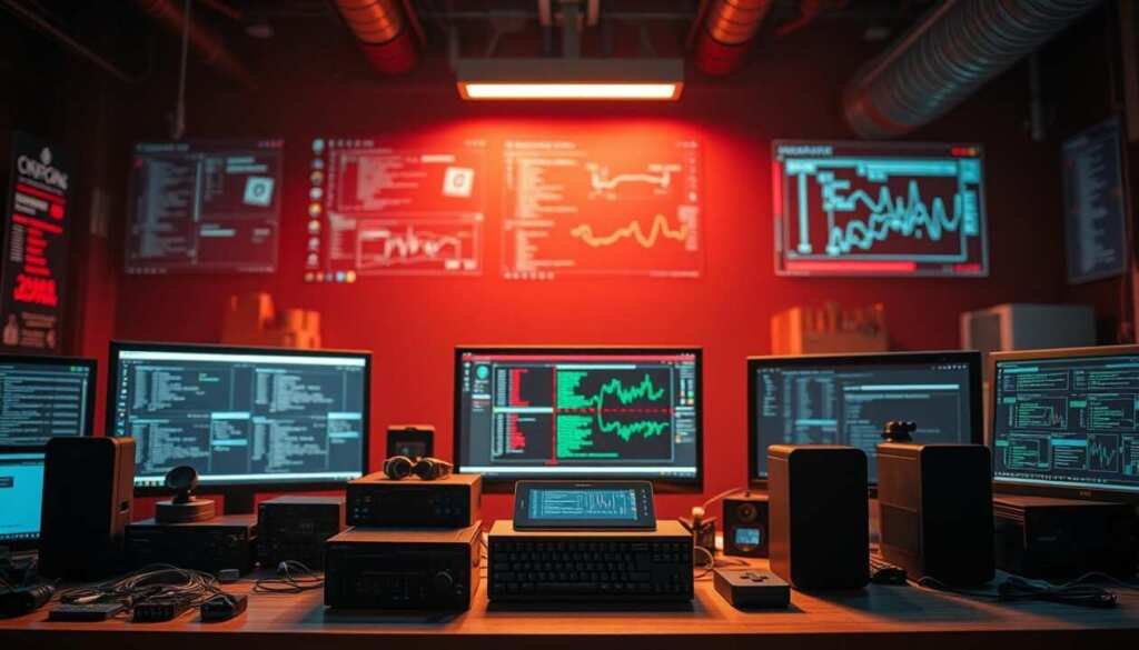 A comprehensive workspace showcasing the essential features of red team tools. In the foreground, various security gadgets and hardware devices stand ready, illuminated by a warm, focused light. In the middle ground, software interfaces and dashboards display real-time data, simulating complex network environments. The background is filled with a dimly lit, industrial-style setting, hinting at the high-stakes, covert nature of the red team's operations. The overall scene conveys a sense of professionalism, attention to detail, and the cutting-edge capabilities required to effectively test an organization's defenses.