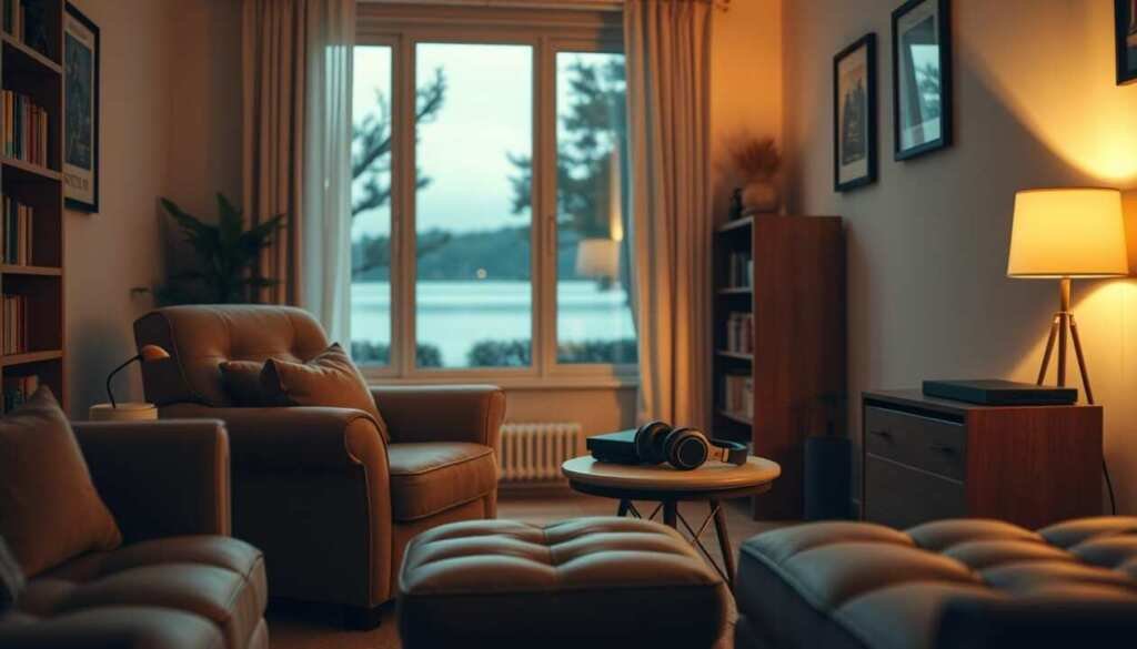 A cozy, well-lit home gaming setup with comfortable furniture, such as a plush armchair and ottoman. The room has warm, soft lighting, creating a relaxing ambiance. On a small, clean side table, there is a modern, sleek gaming console and a pair of high-quality headphones. The walls are adorned with framed artwork or shelves filled with books, adding a touch of sophistication. Through a window, a serene outdoor scene is visible, suggesting a tranquil, safe environment. The overall atmosphere conveys a sense of responsible, mature, and engaging adult gaming experience.