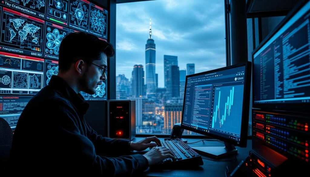 A cybersecurity analyst's workspace, bathed in the glow of multiple monitors displaying intricate network diagrams, real-time threat analytics, and security event logs. In the foreground, a focused individual scrutinizes the data, fingers typing furiously on a sleek mechanical keyboard. The middle ground features state-of-the-art security appliances, blinking with indicator lights, while the background showcases a cityscape of towering skyscrapers, hinting at the scale and complexity of the digital landscape the analyst is tasked with defending. The scene exudes a sense of vigilance, technological prowess, and the critical role of the cybersecurity professional in safeguarding the modern world.