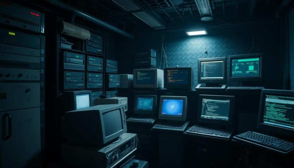 A cybersecurity training environment with a cluster of outdated, vulnerable virtual machines. The machines have various operating systems and software versions, each with known security flaws. The scene is set in a dimly lit server room, with a mix of rack-mounted servers and desktop PCs. The lighting is harsh, creating dramatic shadows and highlighting the aged, weathered appearance of the machines. The overall atmosphere is one of neglect and disrepair, inviting the viewer to imagine the challenges of identifying and exploiting the vulnerabilities present. The image should convey a sense of the hands-on practice required to prepare for the OSCP certification exam.