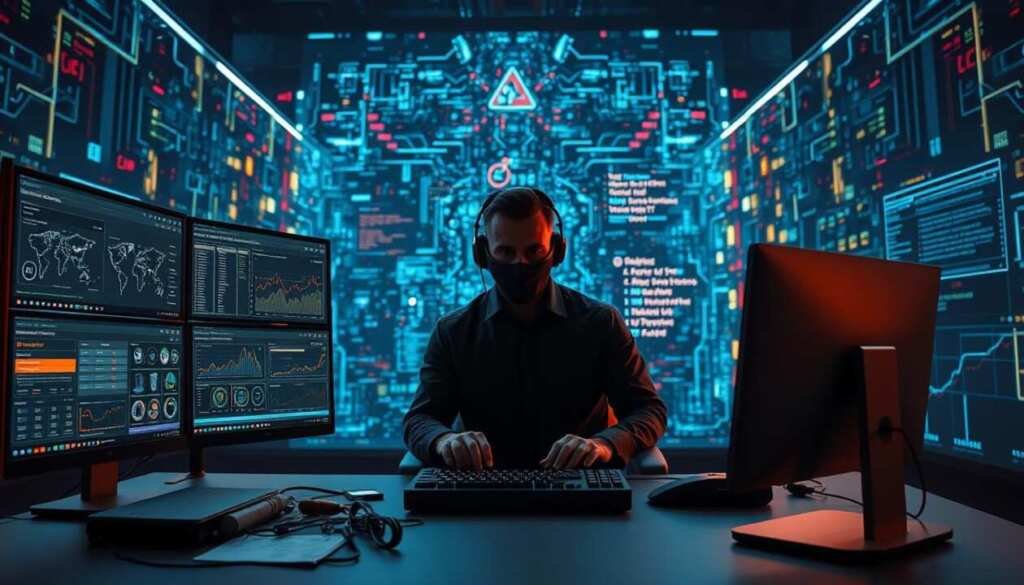 A cybersecurity workstation against a futuristic backdrop. In the foreground, an ergonomic desk with multiple monitors displaying advanced security dashboards, intricate network diagrams, and real-time threat analytics. Scattered across the desk, various cybersecurity certifications and badges glint under the soft, directional lighting. In the middle ground, the silhouette of a focused security engineer, hands poised over a mechanical keyboard, their face obscured by a sleek, high-tech headset. The background is a kaleidoscope of holographic displays, pulsing with data visualizations and lines of code, creating an immersive, high-tech atmosphere. The overall scene conveys the essential skills required for a successful cybersecurity career: technical expertise, analytical problem-solving, and a commitment to continuous learning and certification.