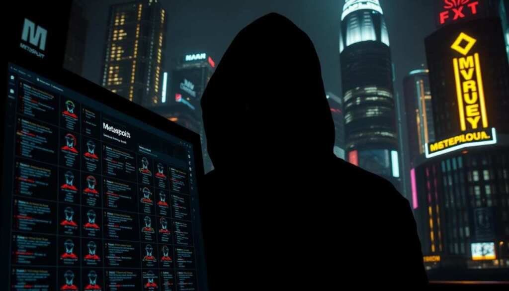 A dark and moody cyberpunk-inspired scene depicting the Metasploit Framework modules. In the foreground, a sleek, futuristic computer interface displays a grid of various exploit modules, their icons glowing with an ominous neon light. The middle ground features a shadowy hacker, their face obscured, intently studying the module options. In the background, a towering cityscape of gleaming skyscrapers and neon signage creates a sense of scale and technological dominance. The lighting is dramatic, with deep shadows and harsh highlights, evoking the high-stakes, high-risk nature of the Metasploit Framework. The overall atmosphere is one of power, complexity, and the constant struggle between security and vulnerability.