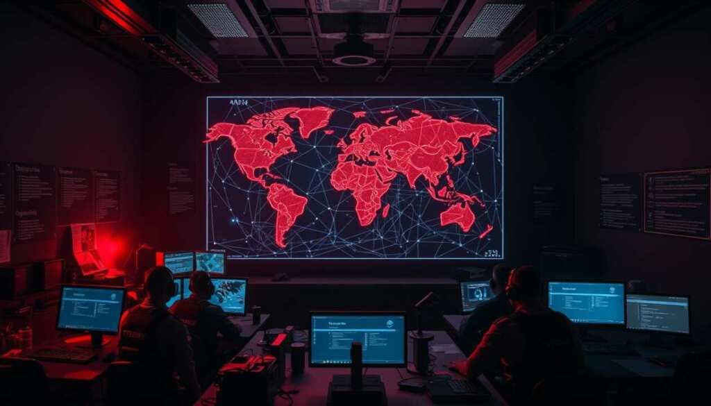A dark, foreboding war room scene with a large holographic display in the center, projecting a glowing wireframe map of a corporate network. In the foreground, a team of cybersecurity experts in tactical gear and headsets, analyzing data feeds and devising strategies. Ambient red lighting casts an ominous glow, while scattered computer terminals and surveillance screens provide a sense of urgency. The walls are adorned with classified documents, checklists, and objective timelines, hinting at the high-stakes nature of the red team exercise. The scene conveys a heightened state of readiness, as the team prepares to launch a comprehensive cyber attack simulation to test the organization's defenses. A dark, foreboding war room scene with a large holographic display in the center, projecting a glowing wireframe map of a corporate network. In the foreground, a team of cybersecurity experts in tactical gear and headsets, analyzing data feeds and devising strategies. Ambient red lighting casts an ominous glow, while scattered computer terminals and surveillance screens provide a sense of urgency. The walls are adorned with classified documents, checklists, and objective timelines, hinting at the high-stakes nature of the red team exercise. The scene conveys a heightened state of readiness, as the team prepares to launch a comprehensive cyber attack simulation to test the organization's defenses.