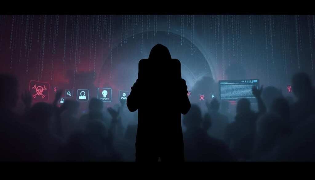 A dark, ominous cybersecurity landscape featuring a smartphone silhouette in the foreground, surrounded by a swirling vortex of shadowy digital threats. In the middle ground, glowing malware icons and wireframe data structures loom ominously. The background is shrouded in a hazy, neon-tinged atmosphere, with ominous binary code raining down from above, creating a sense of impending digital danger. Dramatic chiaroscuro lighting and a high-contrast, stylized aesthetic convey the gravity of the cybersecurity risks associated with unverified app downloads.
