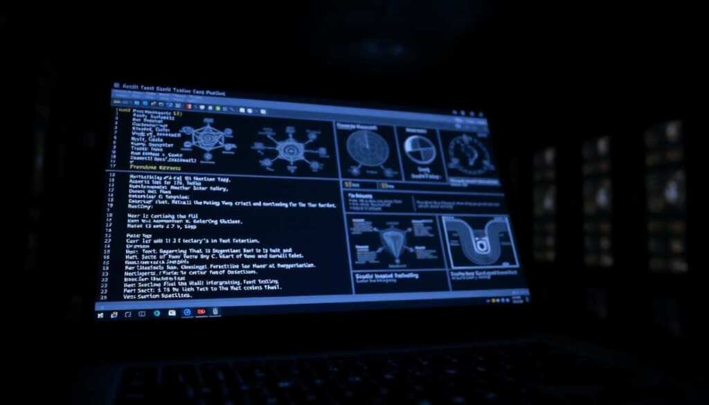 A dark, technical scene of a laptop screen displaying command-line interface during a penetration testing session. In the foreground, a cursor blinks as lines of code are typed, hinting at the process of remote code execution detection. The middle ground shows various network diagrams and cybersecurity visualization elements, conveying the analytical and investigative nature of the task. The background is dimly lit, creating an atmosphere of focus and intensity, with subtle hints of a server rack or data center in the distance. The lighting is subtle and moody, casting dramatic shadows and highlights to emphasize the gravity of the task at hand. A dark, technical scene of a laptop screen displaying command-line interface during a penetration testing session. In the foreground, a cursor blinks as lines of code are typed, hinting at the process of remote code execution detection. The middle ground shows various network diagrams and cybersecurity visualization elements, conveying the analytical and investigative nature of the task. The background is dimly lit, creating an atmosphere of focus and intensity, with subtle hints of a server rack or data center in the distance. The lighting is subtle and moody, casting dramatic shadows and highlights to emphasize the gravity of the task at hand.