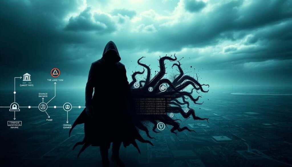 A detailed, chronological timeline depicting the evolution of the notorious Qakbot malware. In the foreground, a series of interconnected nodes and arrows showcases the malware's incremental development, with each step represented by a unique symbol or icon. The middle ground features a shadowy, ominous figure - the malware's figurehead - looming large, surrounded by a swirling mass of binary code and cryptographic elements. In the background, a vast, techno-dystopian landscape stretches out, hinting at the widespread impact and reach of this persistent threat. The overall mood is one of unease and foreboding, reflecting the malware's persistent and ever-evolving nature.