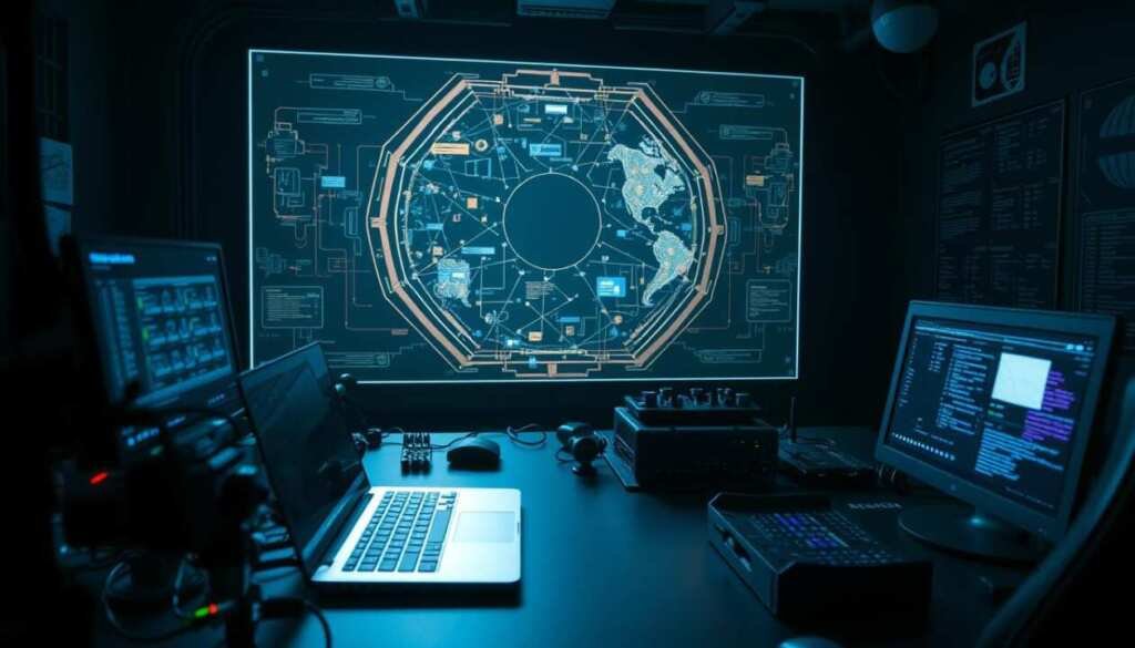 A detailed cybersecurity workstation in a dark, neon-lit environment. In the foreground, an array of high-tech security tools and devices, including a laptop, a network router, and various monitoring sensors. The middle ground features a large holographic display showcasing intricate network diagrams and threat analysis visuals. The background is shrouded in shadows, hinting at the unseen dangers and vulnerabilities that cybersecurity professionals must vigilantly guard against. Dramatic lighting casts sharp shadows, creating a sense of urgency and intensity. The overall scene conveys the complex, multi-faceted nature of core cybersecurity skills required to protect critical systems and data.