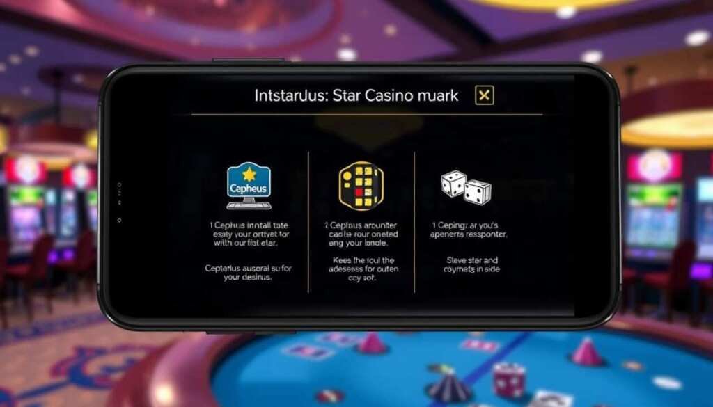 A detailed step-by-step guide for installing the Cepheus Star Casino APK on an Android device. The image shows a mobile phone screen with a series of clearly illustrated steps, displayed against a softly blurred background of a casino interior with warm lighting and subtle textures. The steps are presented in a clean, intuitive layout with minimal text, allowing the visual cues to guide the user through the installation process. The overall mood is informative and user-friendly, conveying a sense of confidence and ease in navigating the installation.