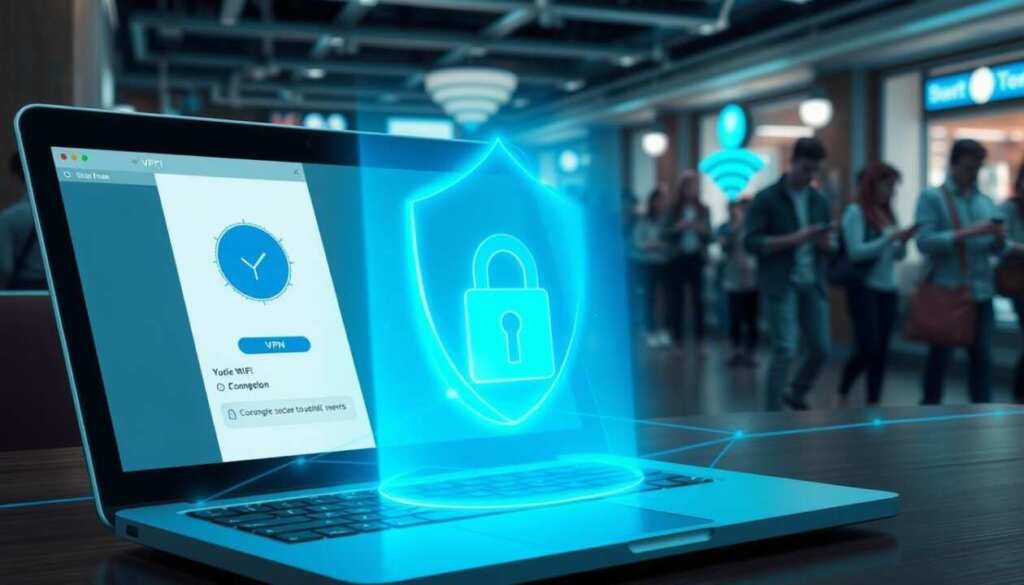 A detailed, technical illustration of a virtual private network (VPN) securing a public Wi-Fi connection. In the foreground, a laptop screen displays a VPN app interface with an activated connection, surrounded by a blue encryption shield. In the middle ground, data packets flow securely between the laptop and a remote VPN server, cloaked in a translucent blue encryption field. In the background, a bustling public space with people using their devices on an unsecured wireless network, contrasted by the secure VPN connection in the focal point. The scene is lit by a soft, cool-toned lighting, emphasizing the digital, technological nature of the subject. The overall mood is one of digital security and privacy protection in the face of public internet vulnerabilities. A detailed, technical illustration of a virtual private network (VPN) securing a public Wi-Fi connection. In the foreground, a laptop screen displays a VPN app interface with an activated connection, surrounded by a blue encryption shield. In the middle ground, data packets flow securely between the laptop and a remote VPN server, cloaked in a translucent blue encryption field. In the background, a bustling public space with people using their devices on an unsecured wireless network, contrasted by the secure VPN connection in the focal point. The scene is lit by a soft, cool-toned lighting, emphasizing the digital, technological nature of the subject. The overall mood is one of digital security and privacy protection in the face of public internet vulnerabilities.