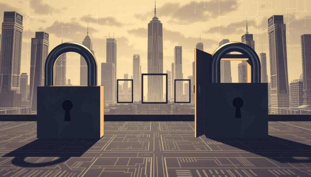 A detailed technical illustration showcasing the distinct differences between cybersecurity vulnerabilities and exposures. In the foreground, a set of locked padlocks symbolizes vulnerabilities - inherent weaknesses that can be exploited by attackers. In the middle ground, a series of open windows and doors represents exposures - inadvertent data leaks or improperly configured systems that provide access points. The background features a futuristic cityscape with towering skyscrapers, hinting at the vast digital landscape where these cybersecurity concepts coexist. The image is rendered with a precise, blueprint-like aesthetic, utilizing a muted color palette and crisp, angular lines to convey a sense of technical precision. Dramatic backlighting casts dramatic shadows, heightening the sense of contrast between the locked and open security elements.