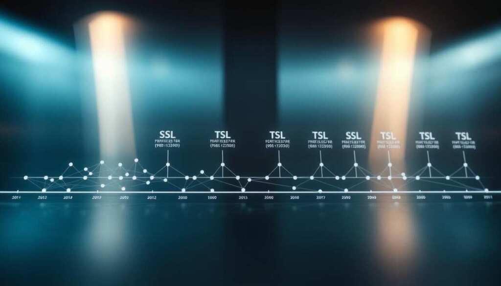 A detailed timeline depicting the evolution of SSL and TLS protocols over time. In the foreground, an array of interconnected nodes and lines representing the different versions, with a clean, minimal design. In the middle ground, a sleek, polished metallic surface reflecting the timeline, evoking a sense of technological sophistication. The background features a subtle gradient, transitioning from cool blues to warmer hues, creating a sense of depth and emphasizing the progression of these security standards. Subtle lighting from multiple angles casts soft shadows, adding depth and dimensionality to the composition. The overall mood is one of technical elegance and historical significance. A detailed timeline depicting the evolution of SSL and TLS protocols over time. In the foreground, an array of interconnected nodes and lines representing the different versions, with a clean, minimal design. In the middle ground, a sleek, polished metallic surface reflecting the timeline, evoking a sense of technological sophistication. The background features a subtle gradient, transitioning from cool blues to warmer hues, creating a sense of depth and emphasizing the progression of these security standards. Subtle lighting from multiple angles casts soft shadows, adding depth and dimensionality to the composition. The overall mood is one of technical elegance and historical significance.