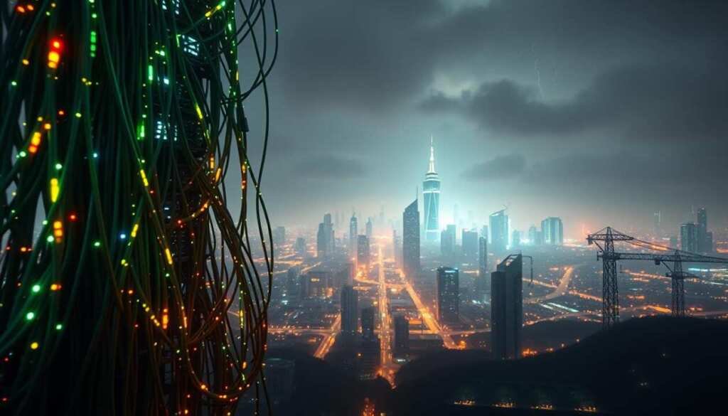 A digital landscape revealing the vulnerabilities of infrastructure systems. In the foreground, a towering network of interconnected cables and servers, their outer shells breached by glowing malware tendrils. The middle ground depicts a cityscape shrouded in an ominous haze, as if under the grip of a cyber attack. In the background, a looming digital skyline, its structures crumbling under the weight of cascading security breaches. The scene is lit by an eerie, neon-tinged glow, casting an unsettling atmosphere of technological peril. The camera angle is slightly elevated, giving a sense of overview and the scale of the threat. This image conveys the systemic risks of unprotected digital infrastructure and the need for robust cybersecurity measures.