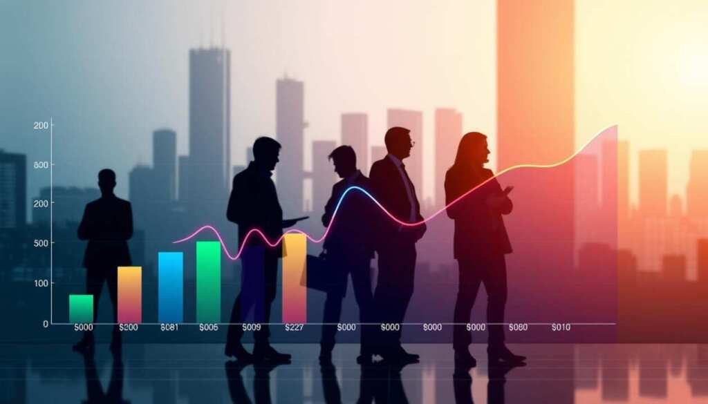 A digitally-rendered graph depicting the projected salary trends for cybersecurity professionals in 2025. The foreground showcases a vibrant line chart with fluctuating salary bars, rendered in a sleek, modern style with a gradient color palette. The middle ground features silhouetted figures of cybersecurity experts, conveying the dynamic nature of the industry. The background is a minimalist, abstract cityscape, hinting at the technological landscape in which cybersecurity careers thrive. The overall scene is illuminated by a soft, directional light, creating depth and a sense of sophistication. The image should convey the growth and high earning potential of the cybersecurity field in the coming years.