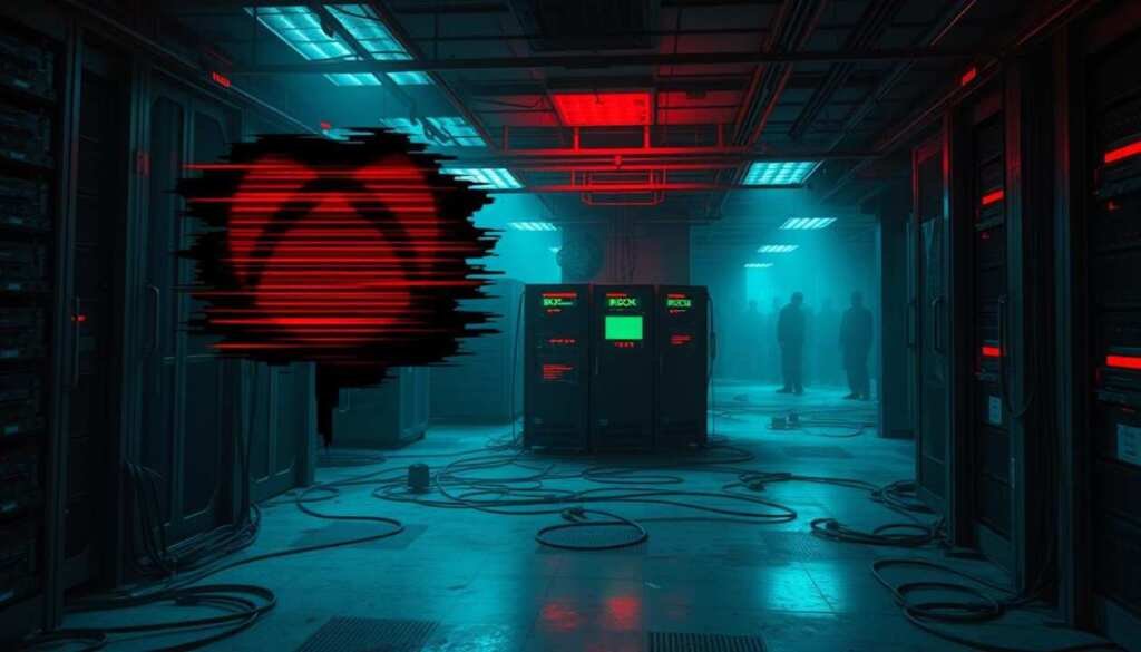 A dilapidated server room, dimly lit with an ominous red glow. In the foreground, a glitching, distorted Xbox Live logo hovers ominously, its edges fraying and corrupted. Cables and wires snake across the floor, leading to a series of outdated, dusty servers in the middle ground. Cybersecurity warnings and error messages flicker across their screens, hinting at vulnerabilities and security risks. In the background, a maze of shadowy figures and silhouettes, representing the unseen threats that lurk within the Xbox Live ecosystem. The atmosphere is tense, foreboding, and conveys a sense of the real-world dangers of neglecting essential security measures for online gaming services.