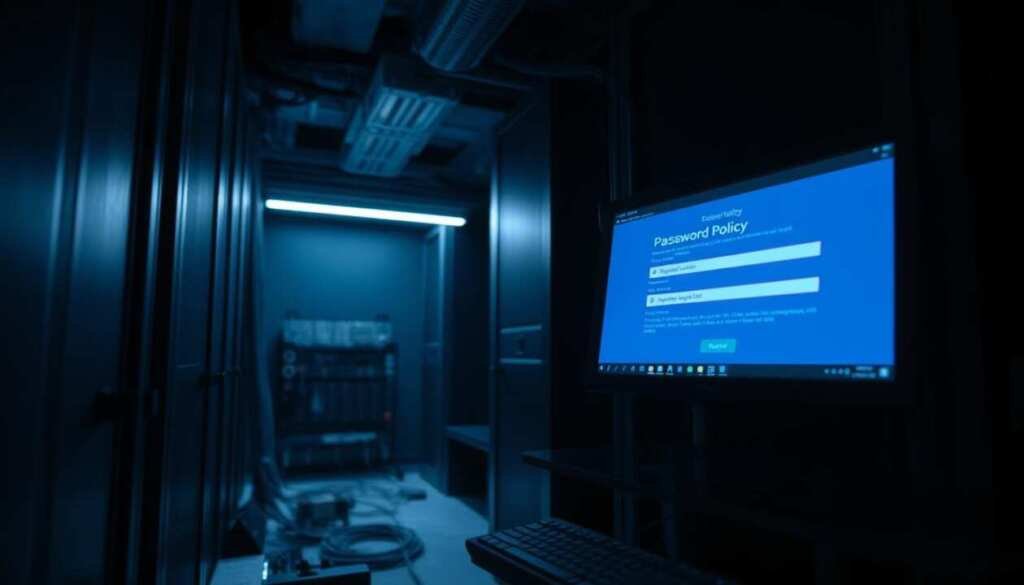 A dimly lit Linux server room, with a desktop computer in the foreground displaying a password policy testing interface. The monitor casts a soft, bluish glow, illuminating the darkened workspace. In the middle ground, various network cables and hardware components are visible, conveying a sense of technical complexity. The background is shrouded in shadows, hinting at the broader infrastructure that supports the system. The atmosphere is one of focused attention, as the user meticulously examines the password policy settings to ensure the security of the Linux environment. The scene is captured with a cinematic, low-angle perspective, emphasizing the importance of the task at hand.
