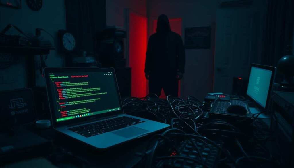 A dimly lit, cluttered workspace with various cybersecurity tools and equipment strewn across the desk. A laptop displaying error messages and warning signs hovers in the foreground, symbolizing the challenges and pitfalls faced during the OSCP exam. The middle ground features a maze of tangled cables, representing the complexity and interconnectedness of the tasks. In the background, a shadowy figure, representing the looming pressure and stress of the exam, stands in the corner, casting an ominous presence. The overall atmosphere is one of tension, frustration, and a sense of the high stakes involved in the OSCP certification process.