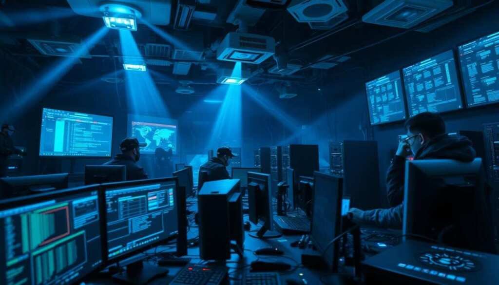 A dimly lit command center, the glow of computer screens casting an ethereal blue hue. Security experts, clad in tactical gear, intently monitoring networks, scrutinizing data flows. In the foreground, a high-tech console with an array of specialized tools - firewalls, intrusion detection systems, and real-time threat analysis dashboards. The background is filled with a maze of wires, servers, and surveillance cameras, creating an atmosphere of vigilance and control. Beams of light from ceiling-mounted projectors illuminate the scene, highlighting the focused expressions of the blue team as they work to mitigate cyber threats and safeguard critical systems. A dimly lit command center, the glow of computer screens casting an ethereal blue hue. Security experts, clad in tactical gear, intently monitoring networks, scrutinizing data flows. In the foreground, a high-tech console with an array of specialized tools - firewalls, intrusion detection systems, and real-time threat analysis dashboards. The background is filled with a maze of wires, servers, and surveillance cameras, creating an atmosphere of vigilance and control. Beams of light from ceiling-mounted projectors illuminate the scene, highlighting the focused expressions of the blue team as they work to mitigate cyber threats and safeguard critical systems.