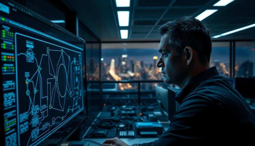 A dimly lit corporate office, the hum of servers and the glow of monitors creating an atmosphere of quiet intensity. In the foreground, a security analyst intently monitors a network diagram displayed on a sleek, high-resolution screen, their brow furrowed in concentration. Surrounding them, a maze of interconnected systems, each representing a potential vulnerability to be probed and tested. The middle ground is a complex web of cables, routers, and firewalls, their intricate design mirroring the delicate balance of security and accessibility. In the background, a panoramic view of the city skyline, a reminder of the scale and importance of the task at hand. The lighting is a mix of cool, fluorescent tones and warmer, task-oriented illumination, creating a sense of urgency and focus. The overall atmosphere conveys the critical nature of internal network security assessments, where every detail must be scrutinized to uncover and address potential weaknesses.