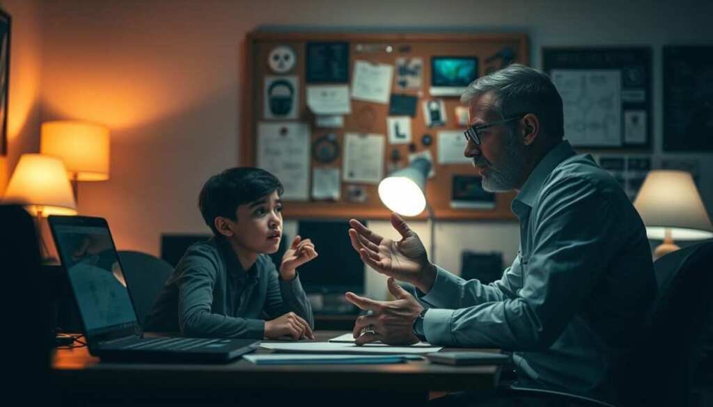 A dimly lit, cozy office space. In the foreground, two individuals sit at a desk, engaged in a mentorship session. The mentee, a young cybersecurity enthusiast, leans forward, eyes filled with curiosity, as the experienced mentor gestures animatedly, sharing insights and guiding the path ahead. Soft desk lamps cast a warm, focused glow, creating an atmosphere of trust and knowledge transfer. In the background, a cork board displays various cybersecurity-related artifacts, from network diagrams to hacking tools, hinting at the depth of the mentor's expertise. The scene conveys the essence of a meaningful cybersecurity mentorship, where wisdom and experience are passed on to the next generation.