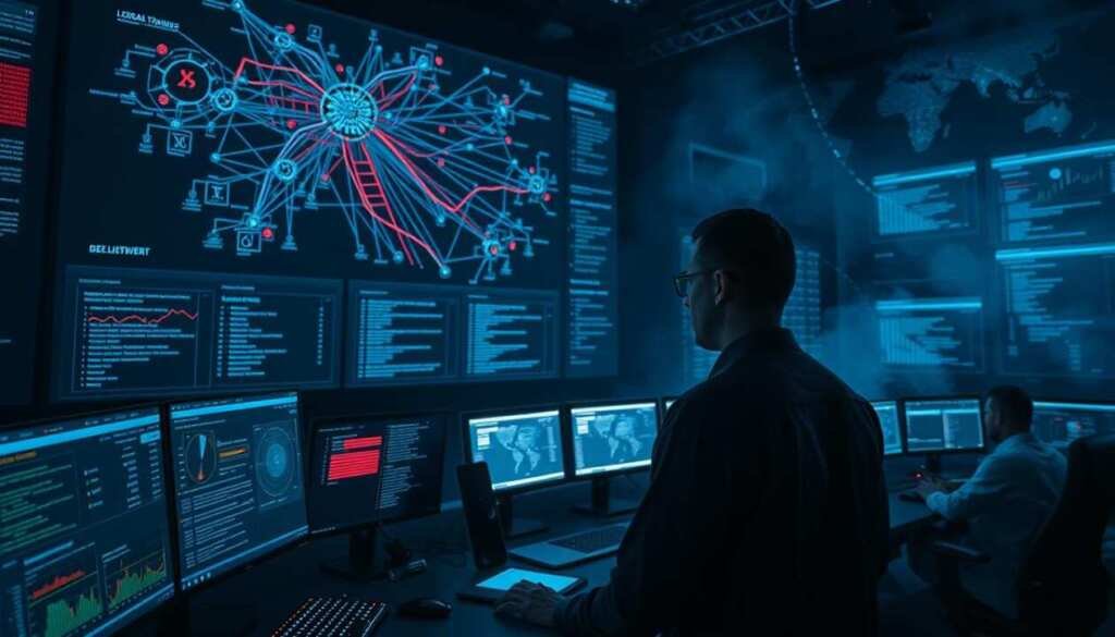 A dimly lit cybersecurity control room, with a large display wall showcasing a network topology and real-time traffic patterns. In the foreground, a data analyst studies a dashboard of behavioral analytics, meticulously scrutinizing anomalies and potential threats. The middle ground features an array of workstations, where a team of blue team specialists collaborates, leveraging advanced tools to detect and mitigate lateral movement within the compromised network. The background is shrouded in a haze of digital information, with cascading data visualizations and glowing interface elements, creating a sense of technological complexity and urgency. The overall scene conveys a high-stakes, high-tech environment where the blue team's vigilance and expertise are essential for safeguarding the network. A dimly lit cybersecurity control room, with a large display wall showcasing a network topology and real-time traffic patterns. In the foreground, a data analyst studies a dashboard of behavioral analytics, meticulously scrutinizing anomalies and potential threats. The middle ground features an array of workstations, where a team of blue team specialists collaborates, leveraging advanced tools to detect and mitigate lateral movement within the compromised network. The background is shrouded in a haze of digital information, with cascading data visualizations and glowing interface elements, creating a sense of technological complexity and urgency. The overall scene conveys a high-stakes, high-tech environment where the blue team's vigilance and expertise are essential for safeguarding the network.