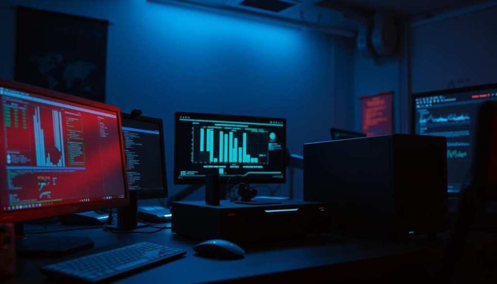 A dimly lit cybersecurity lab, the glow of monitors casting a bluish hue across the room. On the desk, an array of sleek security tools - a network analyzer, a vulnerability scanner, a firewall, and a threat intelligence platform. The environment conveys a sense of seriousness and focus, as the blue team diligently monitors the network for any signs of intrusion or compromise. The lighting is soft and directional, highlighting the tools' features and casting subtle shadows that add depth and dimensionality to the scene. The camera angle is slightly elevated, giving the viewer a commanding perspective of the workspace and the tools at hand. A dimly lit cybersecurity lab, the glow of monitors casting a bluish hue across the room. On the desk, an array of sleek security tools - a network analyzer, a vulnerability scanner, a firewall, and a threat intelligence platform. The environment conveys a sense of seriousness and focus, as the blue team diligently monitors the network for any signs of intrusion or compromise. The lighting is soft and directional, highlighting the tools' features and casting subtle shadows that add depth and dimensionality to the scene. The camera angle is slightly elevated, giving the viewer a commanding perspective of the workspace and the tools at hand.