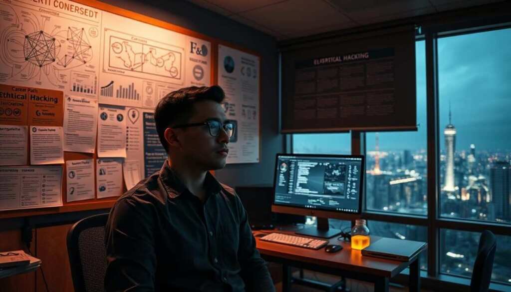 A dimly lit cybersecurity office, with a sleek desktop computer and a corkboard filled with intricate network diagrams, cryptic notes, and career path infographics. The foreground features a pensive, bespectacled professional in a casual button-up shirt, deep in thought as they navigate the complexities of ethical hacking. The middle ground showcases various tools and certifications, hinting at the diverse skillsets required. In the background, a large window offers a panoramic view of a bustling city skyline, symbolizing the global impact of this field. The scene is illuminated by a warm, ambient lighting, creating a contemplative atmosphere that captures the intellectual challenge and responsibility of an ethical hacking career.