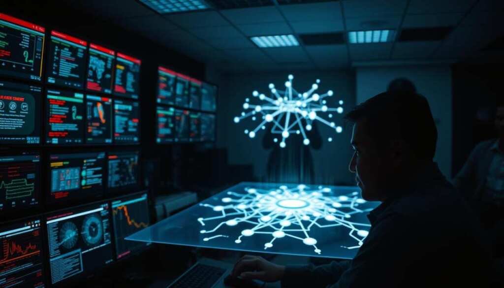 A dimly lit cybersecurity operations center, with banks of monitors displaying threat alerts and intrusion attempts. In the foreground, a security analyst intensely scrutinizing data visualizations, their expression a mix of focus and concern. The middle ground features a holographic display projecting a network topology, pulsing with activity. In the background, a shadowy figure looms, representing the persistent, ever-evolving cyber threats. Dramatic chiaroscuro lighting casts dramatic shadows, conveying the high-stakes, high-pressure nature of the cybersecurity challenges.