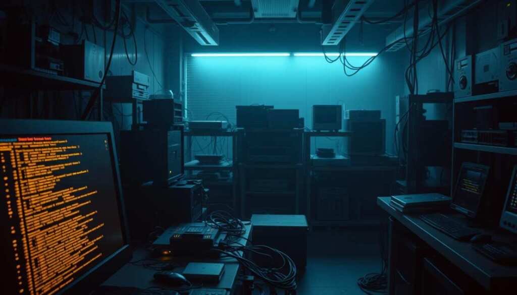 A dimly lit, high-tech laboratory with various digital devices and cables strewn across a cluttered workspace. In the foreground, a glowing computer screen displays lines of complex code, hinting at the vulnerabilities that could lead to a remote code execution attack. In the middle ground, an array of networking equipment, including routers and modems, symbolize the potential entry points for an RCE exploit. The background is shrouded in shadows, suggesting the ominous and clandestine nature of these cyber threats. The overall atmosphere is one of tension and technological complexity, reflecting the challenges faced in defending against such attacks. A dimly lit, high-tech laboratory with various digital devices and cables strewn across a cluttered workspace. In the foreground, a glowing computer screen displays lines of complex code, hinting at the vulnerabilities that could lead to a remote code execution attack. In the middle ground, an array of networking equipment, including routers and modems, symbolize the potential entry points for an RCE exploit. The background is shrouded in shadows, suggesting the ominous and clandestine nature of these cyber threats. The overall atmosphere is one of tension and technological complexity, reflecting the challenges faced in defending against such attacks.