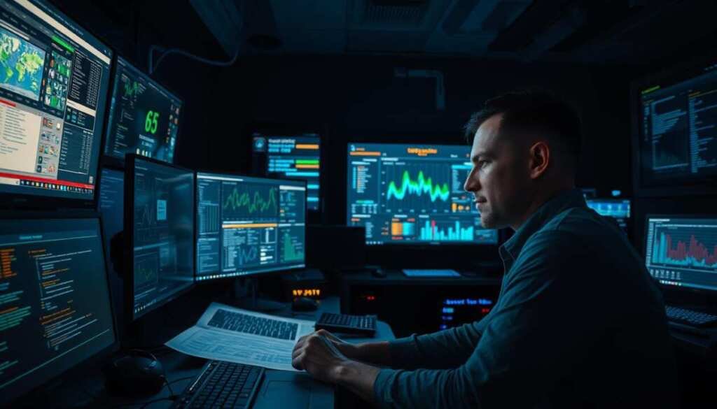 A dimly lit, high-tech workspace filled with monitors, keyboards, and other cybersecurity equipment. In the foreground, a focused SOC analyst scrutinizes network diagrams and security logs, their expression intense as they analyze potential threats. The middle ground features an array of sophisticated tools and software, each with its own unique interface and functionality. In the background, a large central screen displays a real-time cybersecurity dashboard, with colorful graphs and charts tracking system performance and security metrics. The overall atmosphere is one of focused intensity, with a sense of urgency and attention to detail that reflects the critical role of the SOC analyst in protecting against cyber threats.