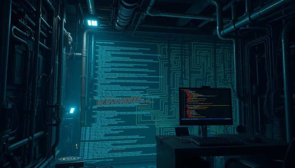 A dimly lit, industrial-style environment with a complex network of pipes, cables, and metal structures in the foreground. In the middle ground, a hacker's workstation displays intricate lines of code, highlighting various attack vectors and techniques. The background features a maze-like array of interconnected pathways, representing the advanced methods used to traverse and exploit vulnerable systems. The overall scene conveys a sense of technical mastery, as well as the potential for malicious intent, alluding to the "Bypassing Common Defenses: Advanced Attack Scenarios" section of the article. A dimly lit, industrial-style environment with a complex network of pipes, cables, and metal structures in the foreground. In the middle ground, a hacker's workstation displays intricate lines of code, highlighting various attack vectors and techniques. The background features a maze-like array of interconnected pathways, representing the advanced methods used to traverse and exploit vulnerable systems. The overall scene conveys a sense of technical mastery, as well as the potential for malicious intent, alluding to the "Bypassing Common Defenses: Advanced Attack Scenarios" section of the article.