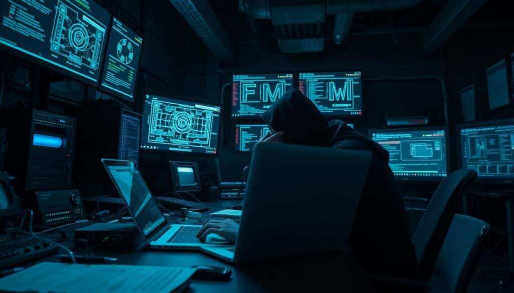 A dimly lit, industrial-style room with various computer hardware and cybersecurity tools scattered across a cluttered workbench. In the foreground, a skilled hacker's hands deftly manipulate a laptop, lines of code reflecting in their focused gaze. Behind them, an array of screens display network diagrams, vulnerability reports, and real-time monitoring data. The room is bathed in an eerie, blue-tinted lighting, creating an atmosphere of intensity and technical prowess. The overall scene conveys the methodical, analytical nature of post-exploitation techniques employed by a seasoned cybersecurity professional.