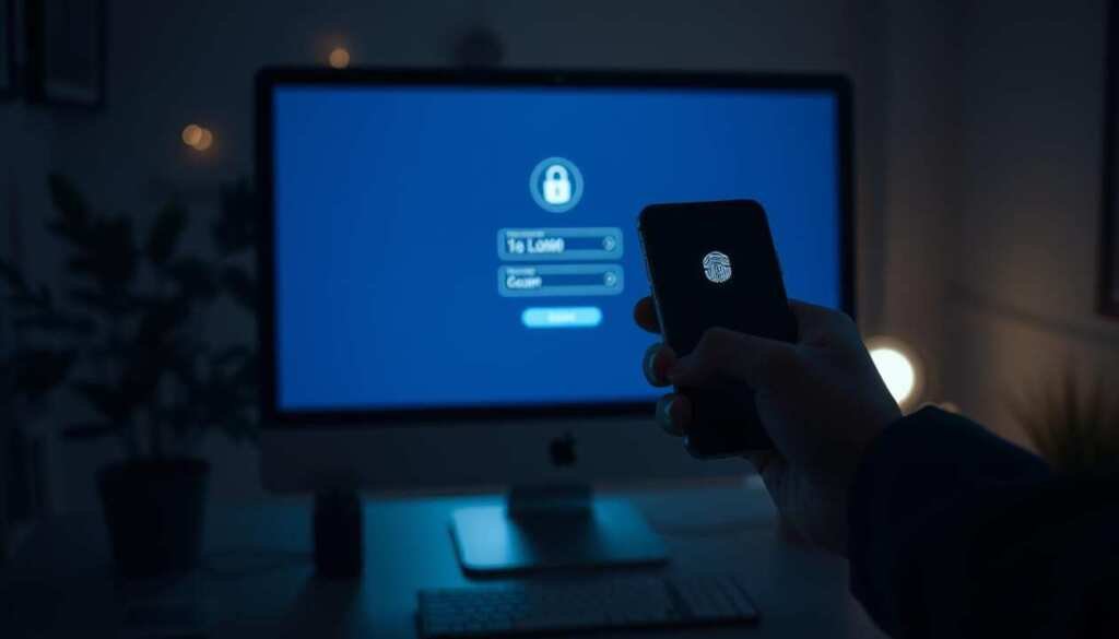 A dimly lit office setting, with a computer monitor displaying a login screen. In the foreground, a hand reaches for a smartphone, preparing to authenticate with a biometric or code. The room is bathed in a soft, ambient glow, creating an atmosphere of security and protection. The monitor's display shows a two-factor authentication interface, emphasizing the importance of robust account safeguards. The composition highlights the integration of multiple security layers, conveying the concept of "multi-factor authentication" for safeguarding sensitive information in a public Wi-Fi environment. A dimly lit office setting, with a computer monitor displaying a login screen. In the foreground, a hand reaches for a smartphone, preparing to authenticate with a biometric or code. The room is bathed in a soft, ambient glow, creating an atmosphere of security and protection. The monitor's display shows a two-factor authentication interface, emphasizing the importance of robust account safeguards. The composition highlights the integration of multiple security layers, conveying the concept of "multi-factor authentication" for safeguarding sensitive information in a public Wi-Fi environment.