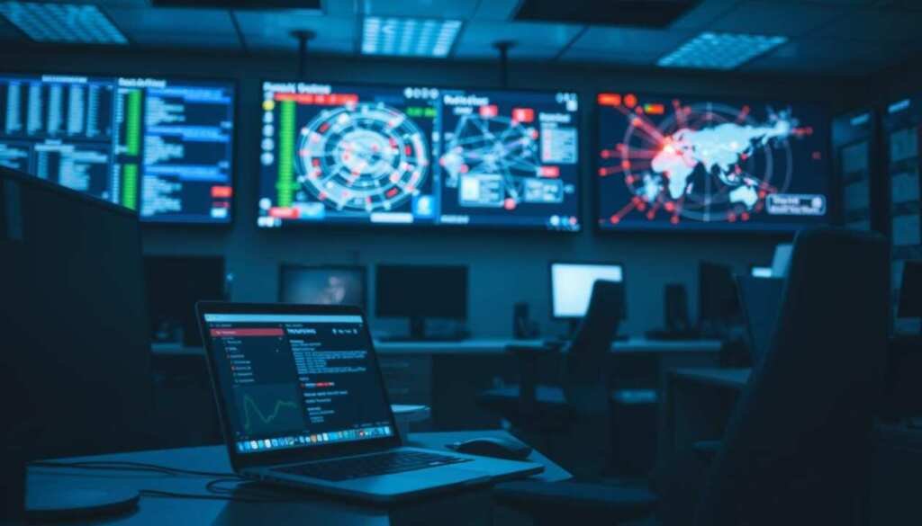 A dimly lit office setting, with a forensic analyst's desk in the foreground. On the desk, a laptop displays various network monitoring dashboards and security alerts. In the middle ground, a large wall-mounted display shows visualizations of network activity, highlighting patterns of lateral movement between compromised systems. The background is blurred, but suggests a high-tech security operations center, with monitors and server racks visible. The scene conveys a sense of urgency and investigation, with the analyst meticulously studying the evidence to uncover the extent of the network breach. A dimly lit office setting, with a forensic analyst's desk in the foreground. On the desk, a laptop displays various network monitoring dashboards and security alerts. In the middle ground, a large wall-mounted display shows visualizations of network activity, highlighting patterns of lateral movement between compromised systems. The background is blurred, but suggests a high-tech security operations center, with monitors and server racks visible. The scene conveys a sense of urgency and investigation, with the analyst meticulously studying the evidence to uncover the extent of the network breach.