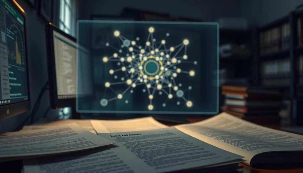 A dimly lit office, the soft glow of a computer screen casting shadows on the face of a cybersecurity expert. In the foreground, a maze of legal documents and statutes, their pages filled with dense text and complex jargon. In the middle ground, a holographic display showcases a network diagram, its nodes and connections illuminating the intricate web of digital threats. The background is a hazy blur of filing cabinets and legal reference books, hinting at the vast knowledge required to navigate the ever-evolving landscape of cybersecurity law. The atmosphere is one of contemplation and unease, as the expert ponders the delicate balance between ethical hacking and legal compliance.
