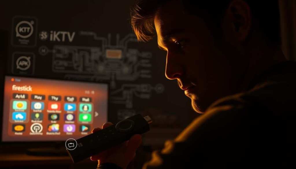 A dimly lit room, the glow of a Firestick casts a warm hue as the user carefully navigates the iKTV APK installer interface. Intricate icons and menus float in the foreground, while the background showcases a technical schematic of the Firestick hardware. Soft, directional lighting accentuates the user's focused expression, creating an atmosphere of problem-solving and troubleshooting. The image captures the precise moment when the user is analyzing the installation process, ready to tackle any challenges that may arise.