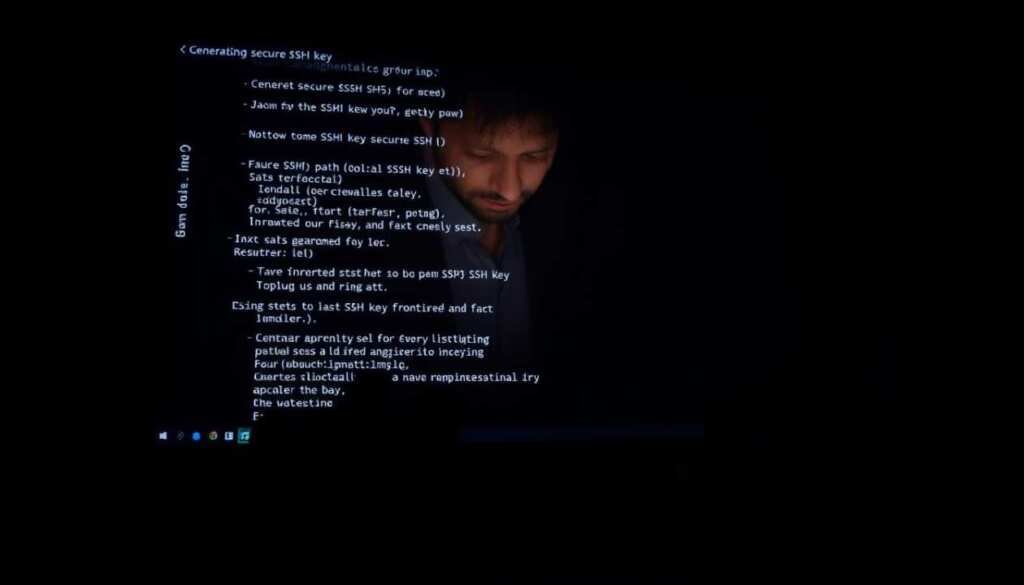 A dimly lit room, the glow of a computer screen illuminating a developer's workspace. In the foreground, hands skillfully navigate the terminal, typing commands to generate a secure SSH key. The screen displays a step-by-step process, the text crisp and clear against the dark background. In the middle ground, the developer's face is focused, brow furrowed in concentration. Soft, directional lighting casts dramatic shadows, creating a sense of depth and atmosphere. The background is intentionally blurred, allowing the viewer's attention to remain on the task at hand - the creation of a vital security tool for protecting an Ubuntu server.