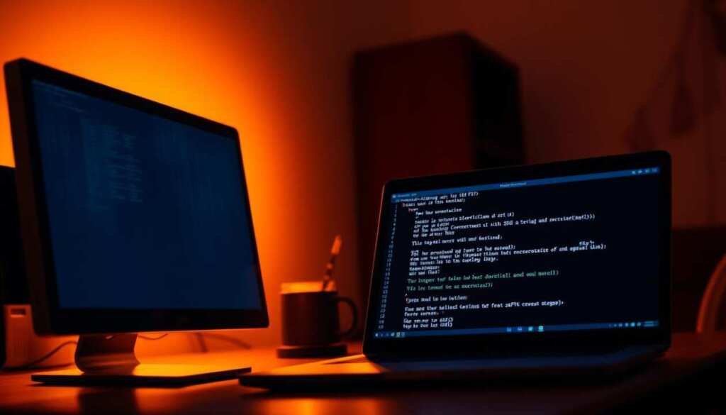 A dimly lit room with a modern desktop computer and a laptop positioned side by side, their screens illuminated. The laptop displays a terminal window with commands being entered, simulating SSH access testing from another machine. Warm, soft lighting casts a glow on the devices, creating an atmosphere of focused, technical work. The scene is captured from a slightly elevated angle, highlighting the interaction between the two systems. The background is subtly blurred, keeping the foreground devices in sharp focus, emphasizing the importance of the SSH access testing process.