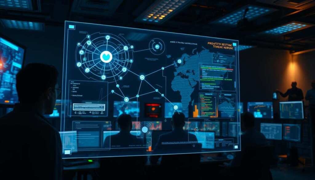 A dimly lit security operations center with a large holographic display in the foreground, showcasing a network topology diagram and various cybersecurity analytics. In the middle ground, a team of analysts intently studying the display, their faces illuminated by the soft glow of the screens. The background features an array of monitors and equipment, creating a sense of a high-tech, proactive threat hunting environment. The lighting is a mix of warm and cool tones, with strategic shadows and highlights to convey a sense of focus and intensity. The overall atmosphere is one of vigilance and determination, as the blue team hunts for signs of lateral movement within the compromised network. A dimly lit security operations center with a large holographic display in the foreground, showcasing a network topology diagram and various cybersecurity analytics. In the middle ground, a team of analysts intently studying the display, their faces illuminated by the soft glow of the screens. The background features an array of monitors and equipment, creating a sense of a high-tech, proactive threat hunting environment. The lighting is a mix of warm and cool tones, with strategic shadows and highlights to convey a sense of focus and intensity. The overall atmosphere is one of vigilance and determination, as the blue team hunts for signs of lateral movement within the compromised network.