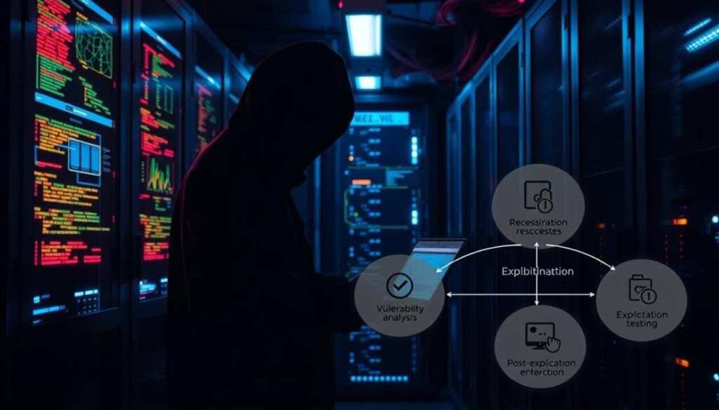 A dimly lit server room, illuminated by the soft glow of monitors and the faint hum of cooling fans. A shadowy figure, laptop in hand, meticulously navigates the network, probing for vulnerabilities. Heatmaps and graphs overlay the scene, visualizing the intricate web of connections and potential entry points. In the foreground, a schematic diagram depicts the various stages of the internal penetration testing process - reconnaissance, vulnerability analysis, exploitation, and post-exploitation. The atmosphere is tense, with a sense of cautious determination, as the tester seeks to uncover weaknesses and identify potential threats from within the organization's own infrastructure.