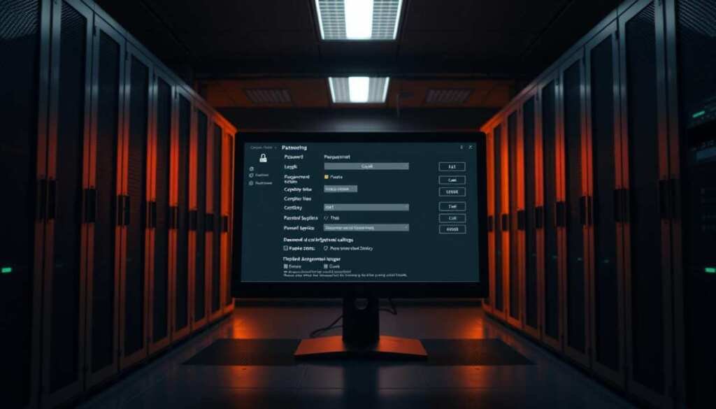 A dimly lit server room, with a clean, modern aesthetic. At the center, a desktop computer displays the Ubuntu Debian password configuration interface, its sleek and intuitive design radiating a sense of security and control. The screen shows various settings, such as password length requirements, complexity rules, and password expiration policies, all neatly organized to ensure the Linux system's integrity. The background is bathed in a warm, subdued lighting, creating a calming and professional atmosphere, while the foreground remains sharply in focus, drawing the viewer's attention to the critical task at hand.
