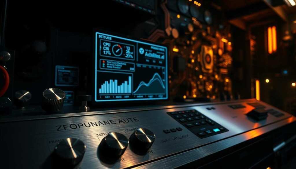 A dimly lit, technical-looking control panel with various knobs, sliders, and toggles. The panel is made of brushed metal, with a sleek, futuristic design. The foreground features a row of adjustable settings labeled "Performance Optimization", including options for "CPU Load", "Frame Rate", "Texture Quality", and "Input Latency". The middle ground shows a holographic display projecting performance metrics and analytics. In the background, there is a complex circuit board with glowing components, creating an atmospheric, cyberpunk-inspired ambiance. The overall scene conveys a sense of precision, control, and the ability to fine-tune the gaming experience for optimal performance.