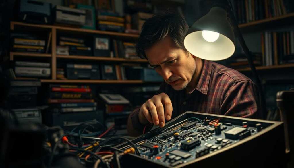 A dimly lit workshop, cluttered with vintage gaming consoles, cables, and tools. In the foreground, a skilled technician intently examining the inner workings of a retro emulator, brow furrowed in concentration. Diffused light from a nearby desk lamp casts a warm glow, accentuating the intricate details of the electronic components. In the background, shelves filled with retro game cartridges and memorabilia, hinting at a deep passion for preserving gaming history. The atmosphere is one of methodical problem-solving, as the technician navigates the complexities of troubleshooting an emulator issue, determined to restore the vintage gaming experience.