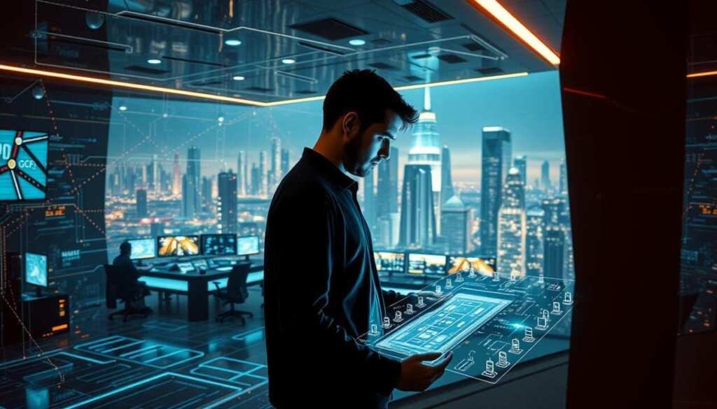 A dynamic cybersecurity landscape unfolds in a sleek, futuristic setting. In the foreground, a figure intently studies a holographic display, immersed in a continuous learning journey. Surrounding them, a web of interconnected data streams and security protocols pulsate with energy, reflecting the ever-evolving nature of the field. In the middle ground, a command center bustles with activity, where analysts monitor threats and devise adaptive strategies. The background showcases a cityscape of towering, hyper-modern structures, symbolizing the expansive, tech-driven world of cybersecurity. Warm, subdued lighting casts an air of focus and determination, as the scene conveys the essence of staying updated and proactive in the dynamic world of ethical hacking.