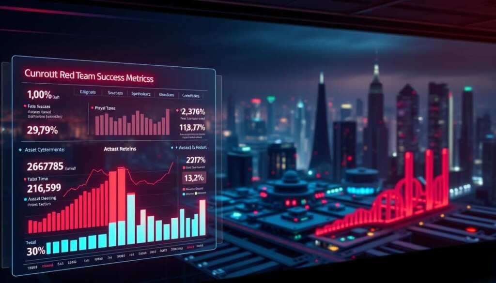 A dynamic data visualization dashboard showcasing key red team success metrics, projected against a sleek, futuristic backdrop. In the foreground, a holographic grid of glowing performance indicators, ranging from attack success rates to asset detection times. In the middle ground, a 3D rendered model of a complex cybersecurity infrastructure, with color-coded nodes and connections. The background features a moody, neon-lit cityscape, hinting at the high-stakes, high-tech world of red team operations. Cinematic lighting casts dramatic shadows, conveying a sense of urgency and intensity. The overall composition suggests a cutting-edge, data-driven approach to assessing the effectiveness of red team simulations. A dynamic data visualization dashboard showcasing key red team success metrics, projected against a sleek, futuristic backdrop. In the foreground, a holographic grid of glowing performance indicators, ranging from attack success rates to asset detection times. In the middle ground, a 3D rendered model of a complex cybersecurity infrastructure, with color-coded nodes and connections. The background features a moody, neon-lit cityscape, hinting at the high-stakes, high-tech world of red team operations. Cinematic lighting casts dramatic shadows, conveying a sense of urgency and intensity. The overall composition suggests a cutting-edge, data-driven approach to assessing the effectiveness of red team simulations.