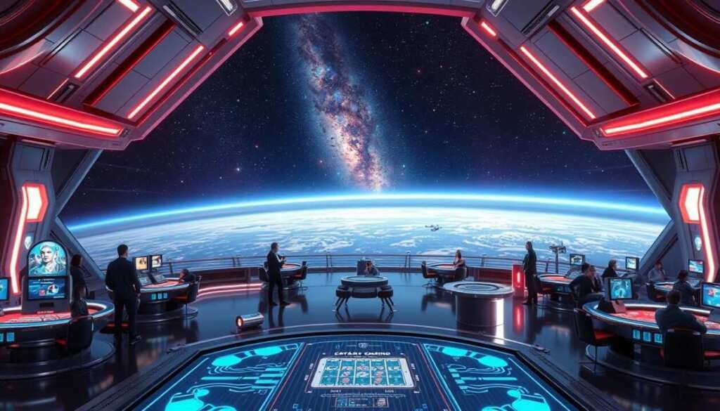A futuristic casino platform set in the cosmos, featuring a sleek and modern design. The foreground showcases the main gaming area, with holographic displays and neon-lit tables where patrons engage in high-stakes games. The middle ground features a panoramic view of the casino's interior, with gleaming chrome surfaces, hovering service droids, and elegant lighting fixtures. In the background, a vast window reveals the stunning vista of the Cepheus star cluster, its nebulae and distant galaxies creating a mesmerizing celestial backdrop. The atmosphere is one of excitement, luxury, and technological advancement, reflecting the cutting-edge nature of the Cepheus Star Casino experience.