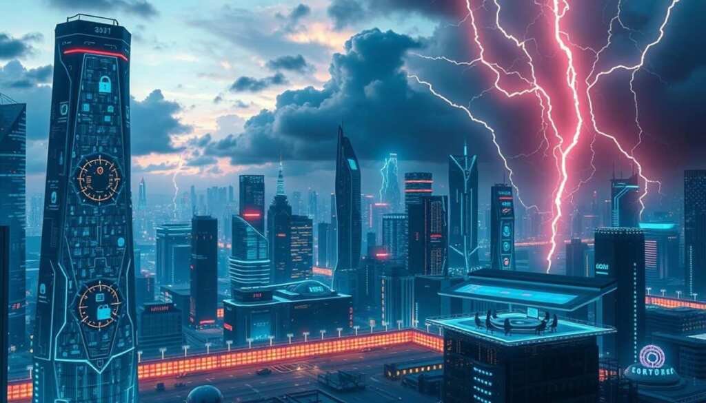 A futuristic digital cityscape with towering cybersecurity shields protecting against various cyber threats. In the foreground, glowing holographic interfaces and intricate firewalls interlace, creating a robust defense system. The midground features a sleek, angular command center with security experts monitoring data streams and issuing threat alerts. In the background, ominous dark clouds of malware loom, with lightning bolts of hacking attempts being repelled by the city's advanced security protocols. Lit by a cool, neon-infused lighting scheme, the scene conveys a sense of high-tech vigilance and the critical importance of robust cybersecurity measures.